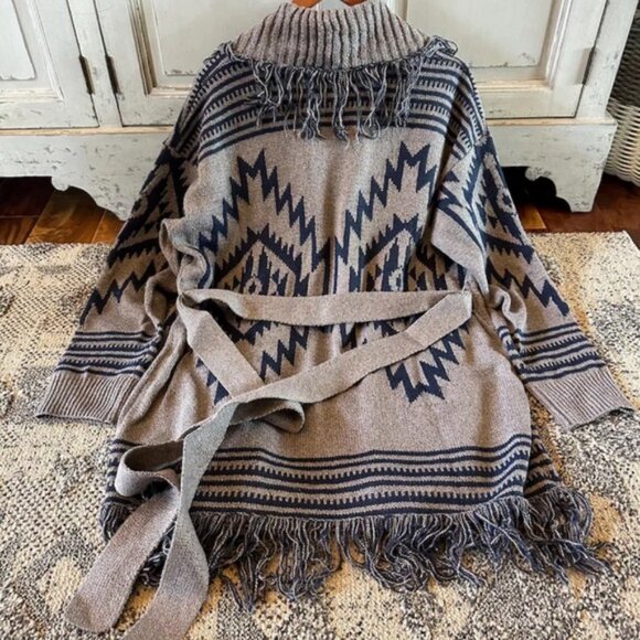 Western Aztec Tribal Print Grey Long Belted Cardigan Sweater Shirt Top Coat - Picture 2 of 6